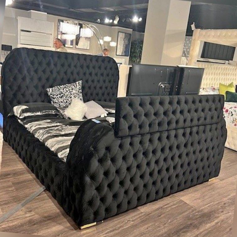 Black queen size bed frame with fire place and tv lift