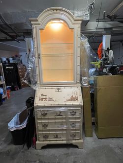 Chinoiserie Secretary Desk with Lighted Display Cabinet
