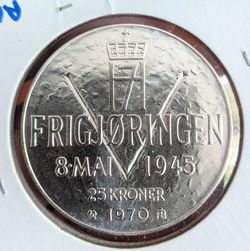 1970 Norway 25 Kroner Silver Coin uncirculated