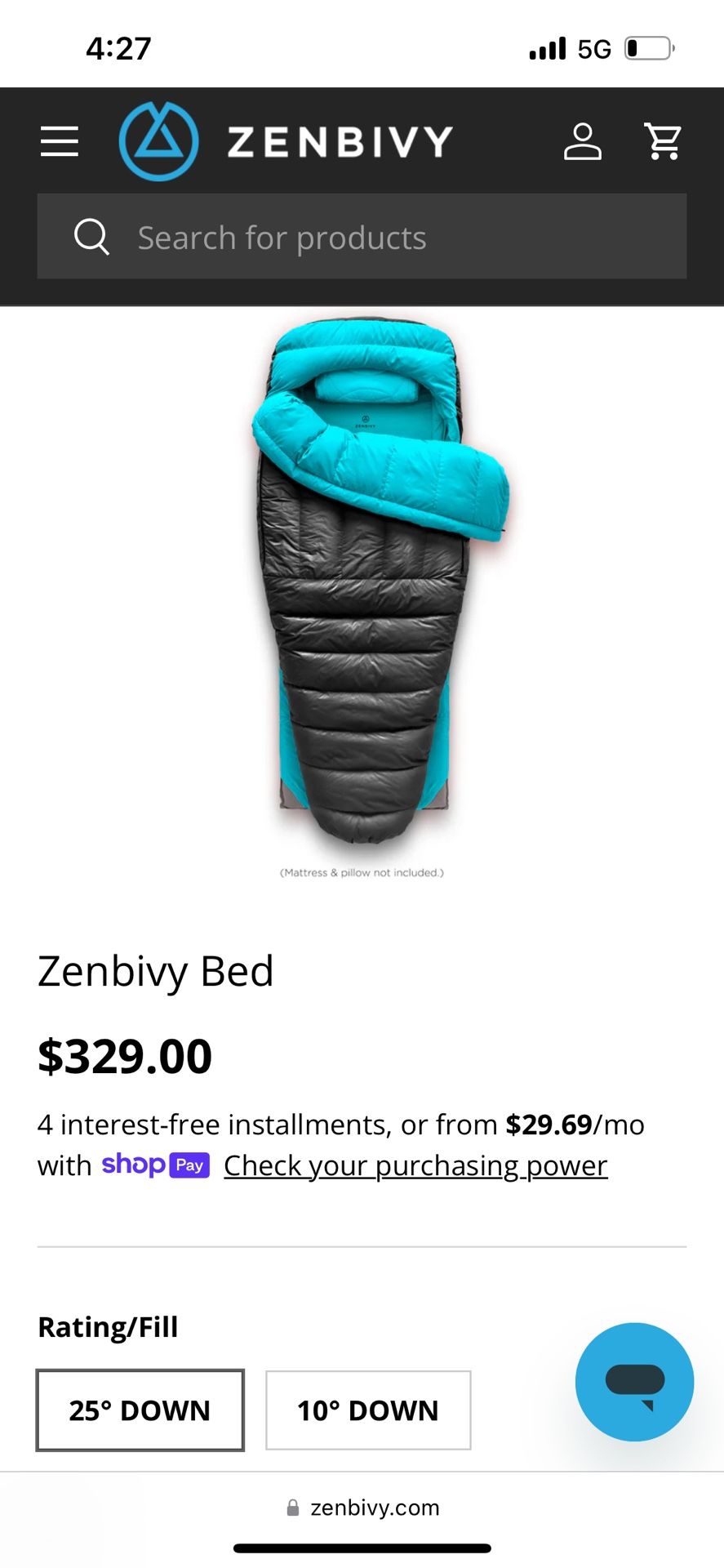 BRAND NEW NEVER USED: ZenBivy sleeping bag quilt bed, 25 down, size large, unisex camping quilt