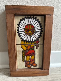 Mid-Century Modern Hopi Sun Face Kachina Art Tile – Framed 2-Tile Set 15”