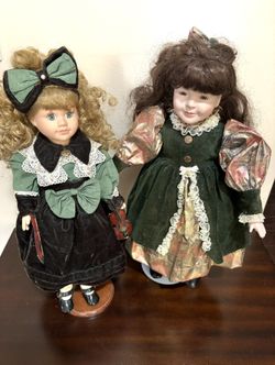Set of 2 Green Velvet Porcelain Victorian Dolls