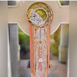 Handmade Pink Tan Gold Silk Woven Crystal Bead Dreamcatcher Macrame Wall Hanging