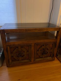 American of Martinsville Vintage Oak Media Cabinet / Console with Smoked Glass