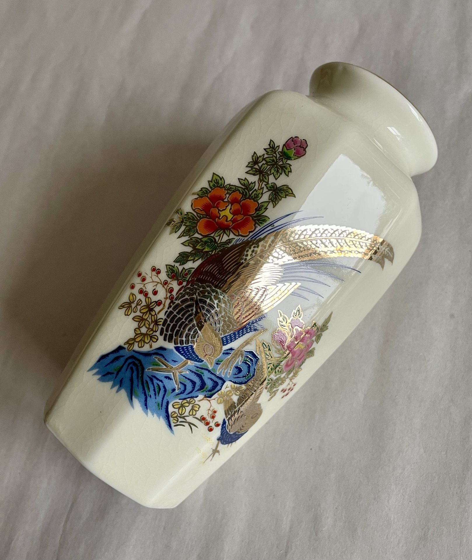 Vintage 6” Japanese Ceramic Pheasant And Flower Vase