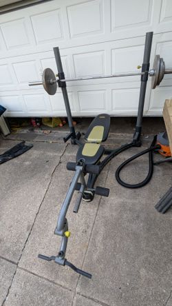 Weight bench with weights and rack (garage kept)