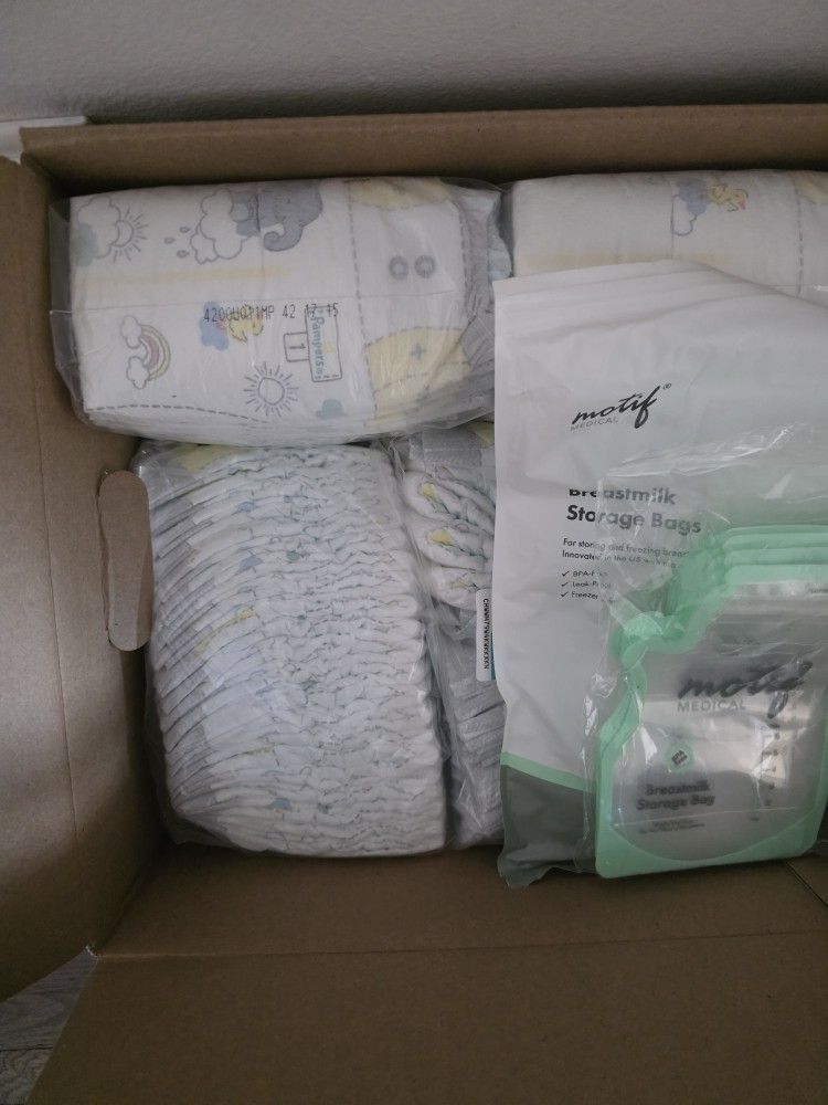 Diapers Newborn, Size 1, And Breast Milk Bags
