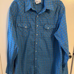 Wrangler Wrancher Shirt Mens XLT Pearl Snap Western Plaid Blue Long Sleeve Tall