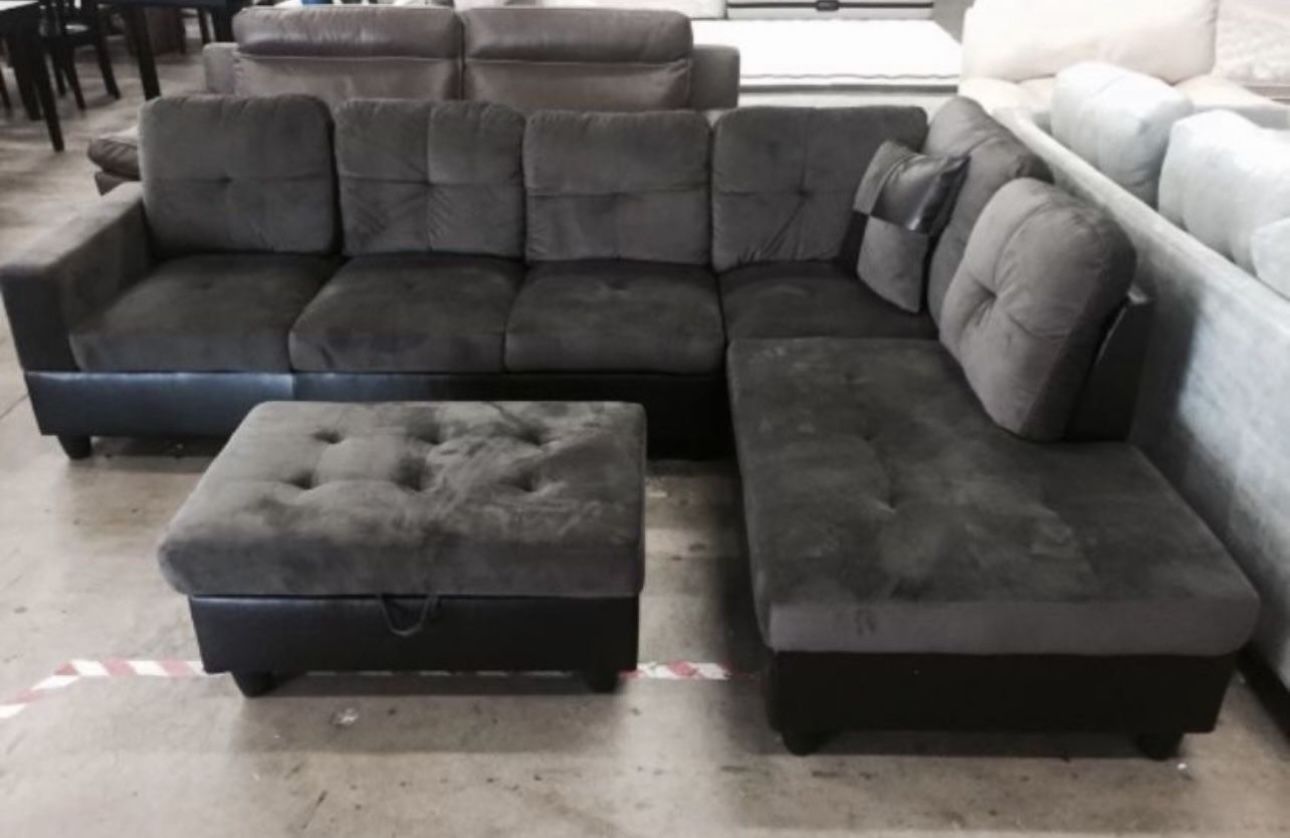Gray Microfiber Sectional Couch And Ottoman