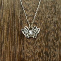18" Sterling Silver Marcasite Stone Butterfly Pendant Necklace Vintage