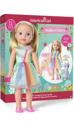 American Girl WellieWishers 14.5-inch Camille Doll Playset with Crisella The Dragon, Doll Dress and Accessories, and Storybook, for Ages 4+