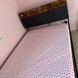 Full Size Bed Frame + Mattress with LED Headboard & Storage – Modern Rustic