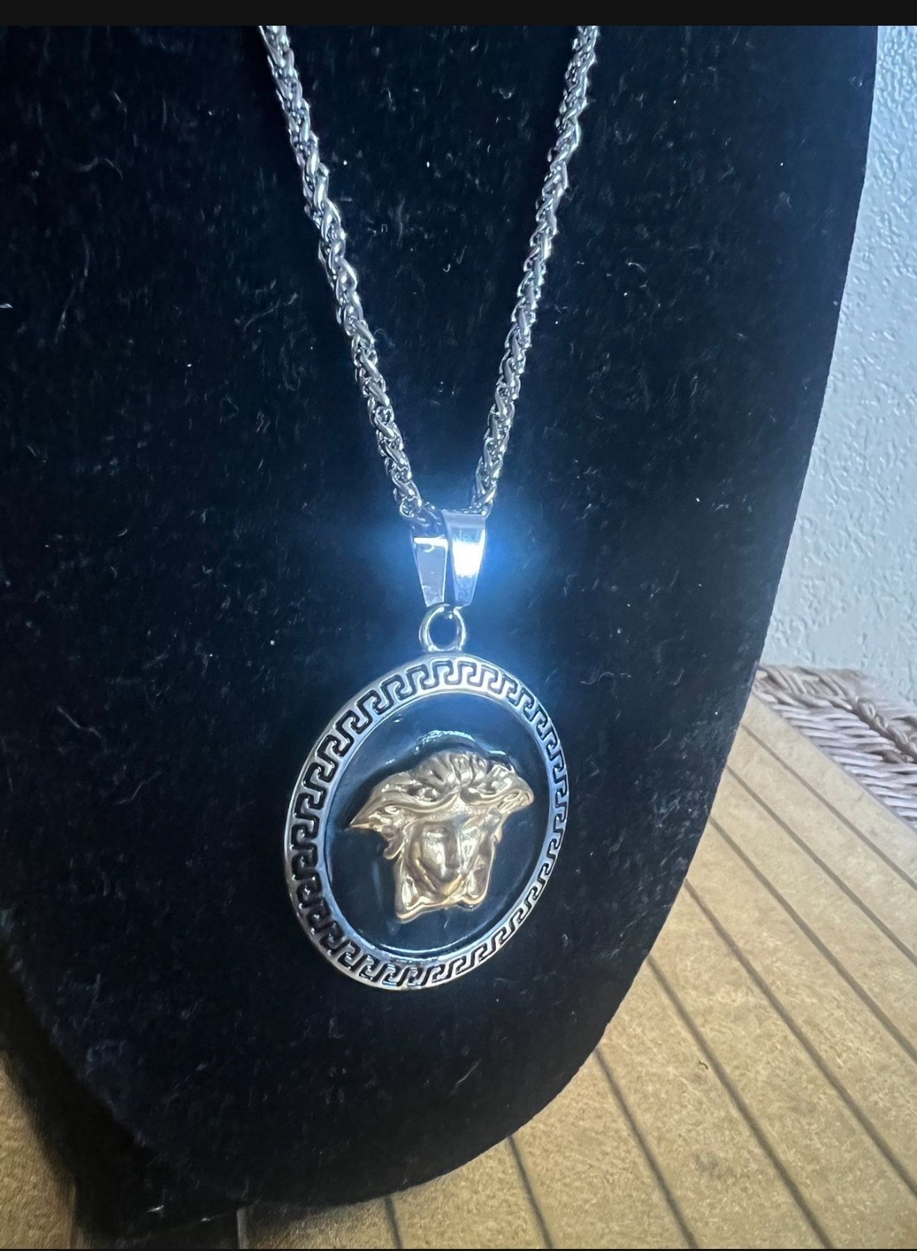 Versace, Black And Silver Medusa Head Pendant Necklace