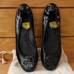 TORY BURCH-Reva Black Patent Leather Logo Ballet Flats Shoes

