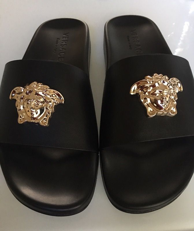 Versace slide in sandal Gold medusa head with black rubber size 9