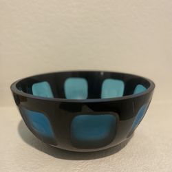 Murano-Style Art Glass Bowl - Black with Aqua Geometric Inlays, Modernist Design