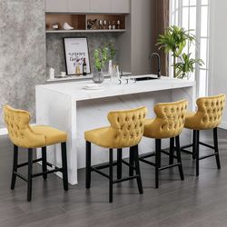 Set Of 4  Counter Height, Velvet Upholstered Barstools with Solid Wood Legs, Button Tufted and Nailheads Trim, Wing-Back Bar Chairs for Kitchen Island