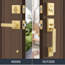 Brushed Gold Heavy Duty Front Door Handle Set, Exterior Door Lock Set with Single Cylinder Deadbolt,Reversible for Right & Left Side, Satin Brain 