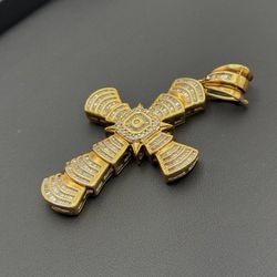 Solid 10k Yellow Gold Big Cross Charm & Natural Baguette Round Diamonds 31 gram