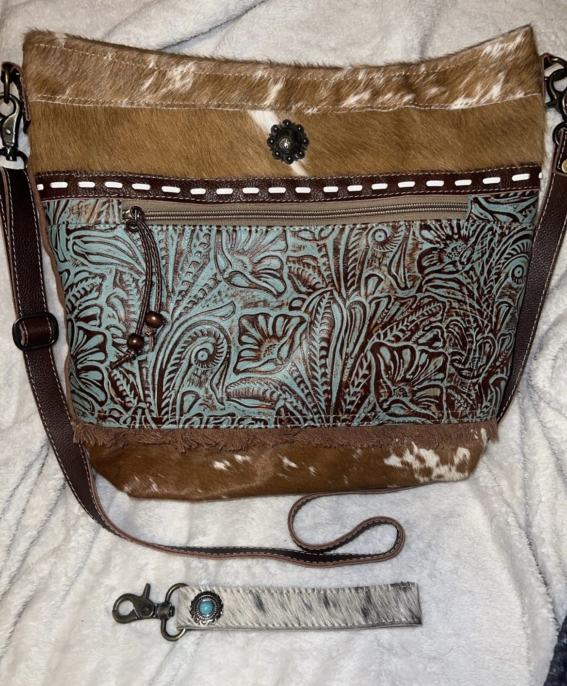 Myra Delphine canvas crossbody bag turquoise detail
