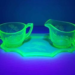 Vintage Depression Era Uranium Green Glass Sugar and Creamer Set - 3 piece