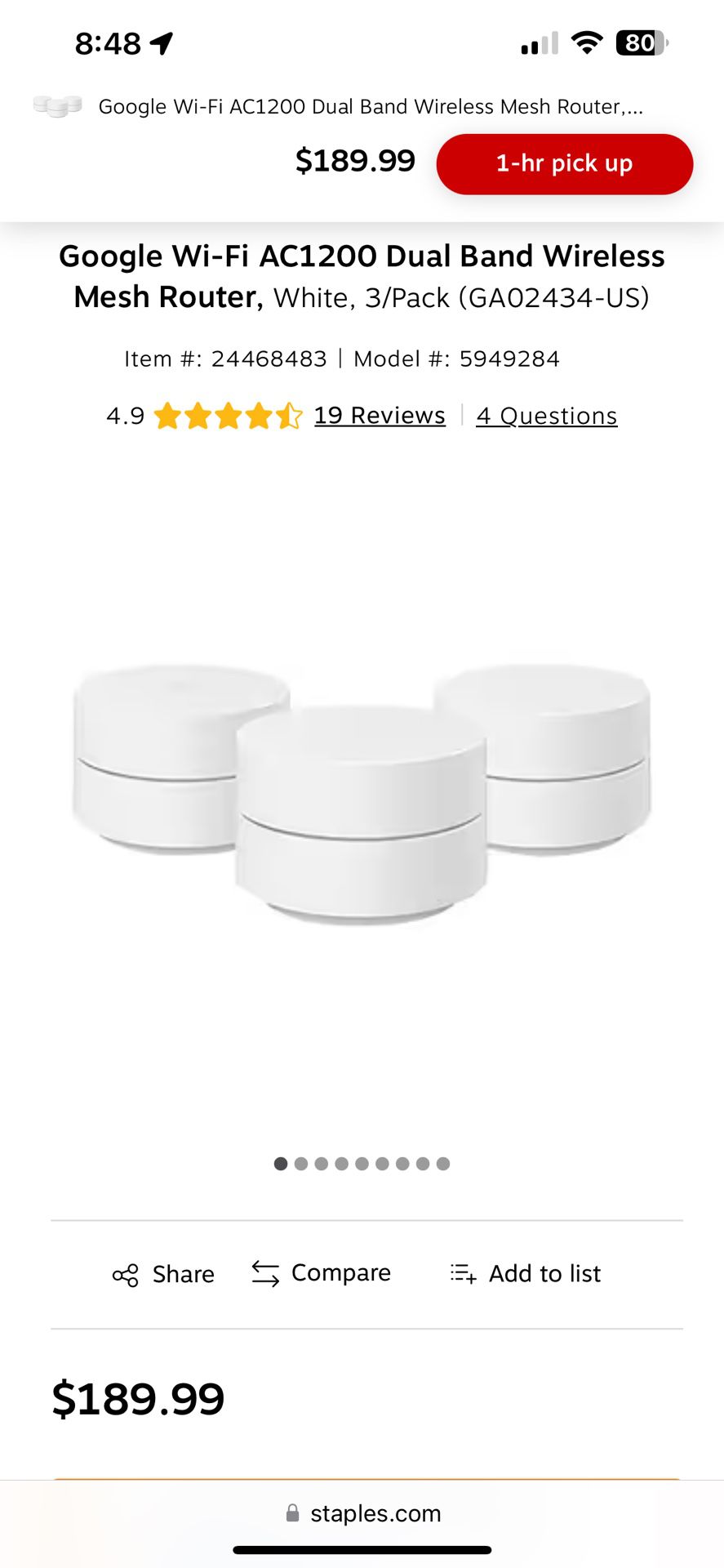 Google Wi-Fi AC1200 Dual Band Wireless Mesh Router, White, 3/Pack
