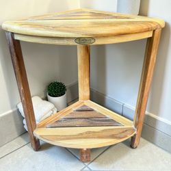 EcoDecors® 18" Teak Wood Corner Bathroom Footstool with Shelf - 16 ½x12x18 