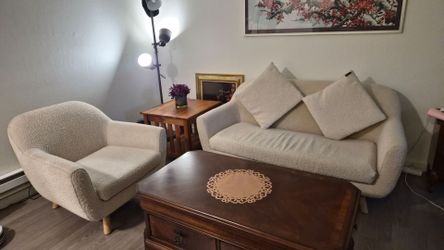 Article Modern Bouclé Loveseat + Accent Chair Set (Cream/Off-White)