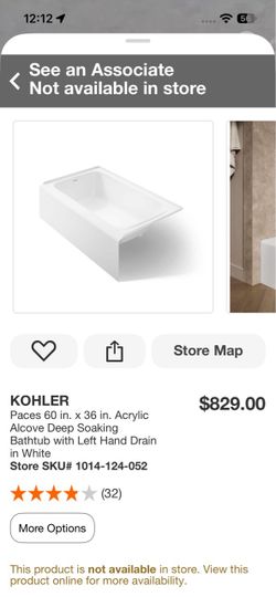 Kohler Paces 60x36 Acrylic Alcove Soaking Bathtub