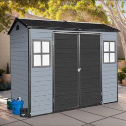 8x4ft Outdoor Resin Garden Shed
with Floor and 2 Windows, Plastic
Patio Outdoor Storage Shed with
Lockable Door for Garden Tools,
Bicvcles. Trash Cans