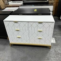 White Dresser with 6 Drawers,48" Modern Dresser Wide Chest of Drawers with Gold Lines Carved Design, TV Stand, Wood Dressers & Chest of Drawers for Be