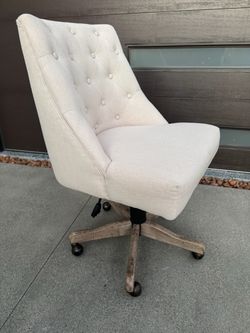 Beige Upholstered Swivel Office Desk Chair – Adjustable Height