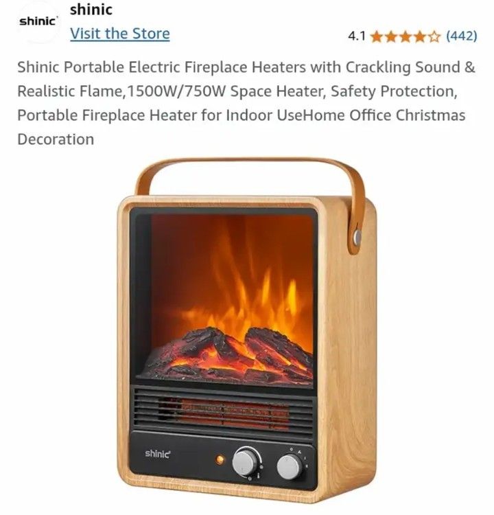 Shinic Portable Electric Fireplace Heaters with Crackling Sound & Realistic Flame,1500W/750W Space Heater, Safety Protection, Portable Fireplace Heate