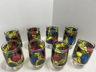 LIBBEY Glass Ice Tea Tumbler Stained Glass Fruit 16 oz Floral Tom Collins Cocktail Collectible -$70