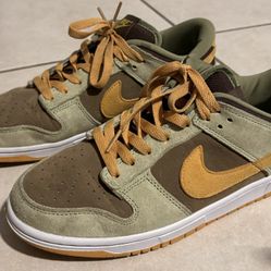 Nike, Dunk low, Olive green and brown suede with a tan nike swoosh, size 8.5