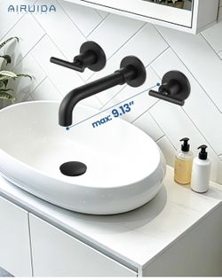 Airuida Wall Mounted Bathroom Sink Faucet,Matte Black Vanity Sink Faucet Lever Handle,3 Holes,360° Widespread Swivel Spout,Rotatable Bathroom Faucet