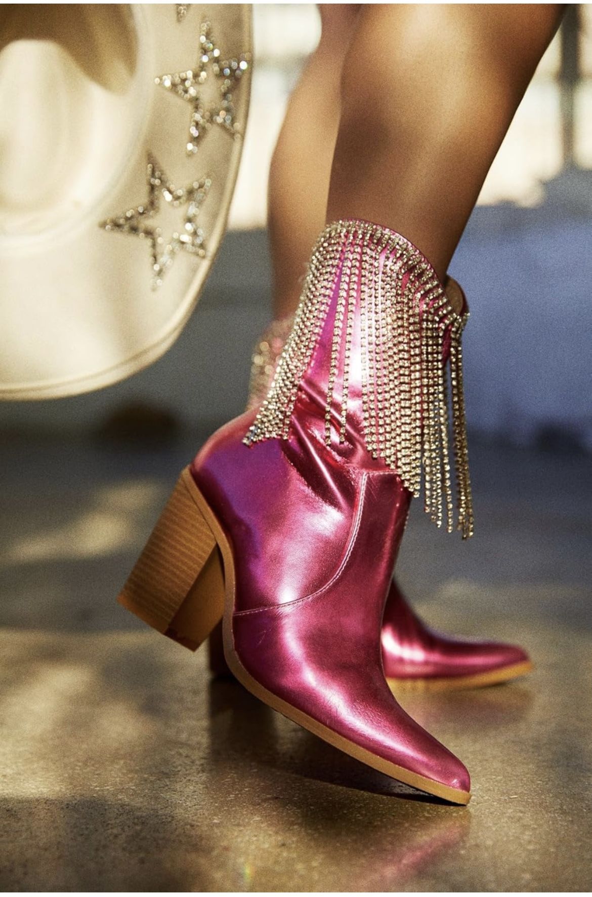 LISHAN Rhinestone Fringed Heel Ankle High Zipper Boots