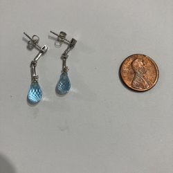 Pierced Diamond Chips And Baby Blue Stone Silver Earrings