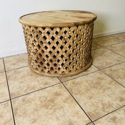 Round table aged driftwood  carved  wood lattice coffee table 18 inches tall 27 inches wide 