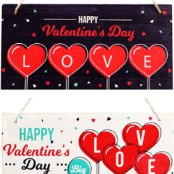 2PCS Valentine's Day Love Balloon Welcome Door Sign Red Heart Hanging Signs Wall Plaque for Front Door Porch Yard Garden Rustic Home Decor