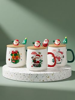 Christmas Ceramic Mug with Lid and Spoon
