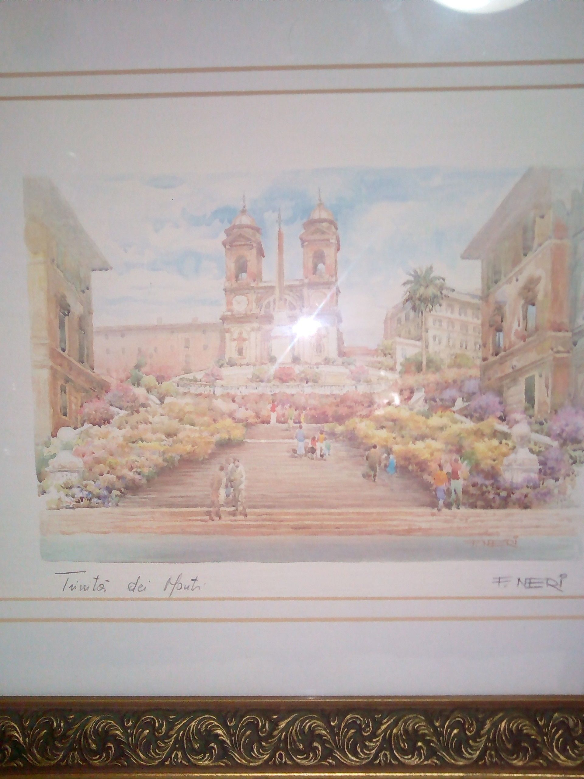 Beautiful water color painting signed by artist F.Neri an Italian artist and a small asian picture lady playing guitar