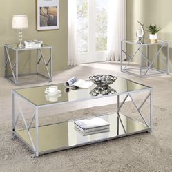 3-Piece Mirror Coffee Table Set – Modern Chrome & Glass (Coffee Table + 2 End Tables)