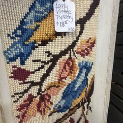 Lovely Long Vintage Bird Tapestry with Brass Ends 