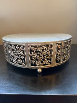 Round Metal Decorative Box with Floral Filigree
