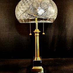 American Brilliant Period Crystal Shade on Black Marble And Brass Lamp - MASSIVE