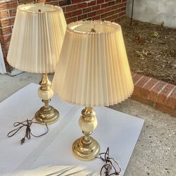 2 Preowned Stiffel Table Lamps Brass Cream Enamel Embellishments Model 6082 Heavy Duty 30” Tall 3 Way
