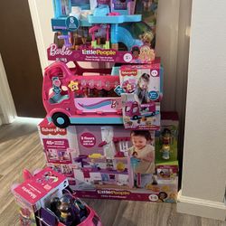 Fisher Price Little People Barbie Dreamhouse, Dream Plane, Beach House, and Little Dream RV Camper