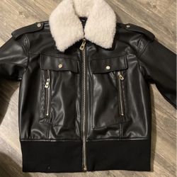 Guess Faux-Fur Collar Bomber Faux-Leather Jacket Size Medium