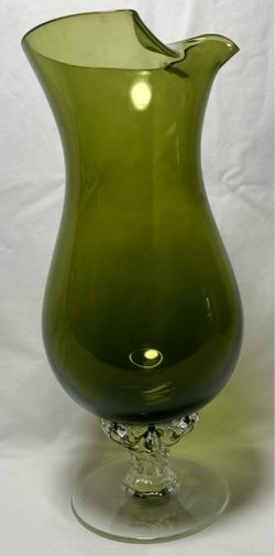 Vtg MCM Sasaki Coronation Olive Green Glass Cocktail Pitcher Twisted Stem 9.5"